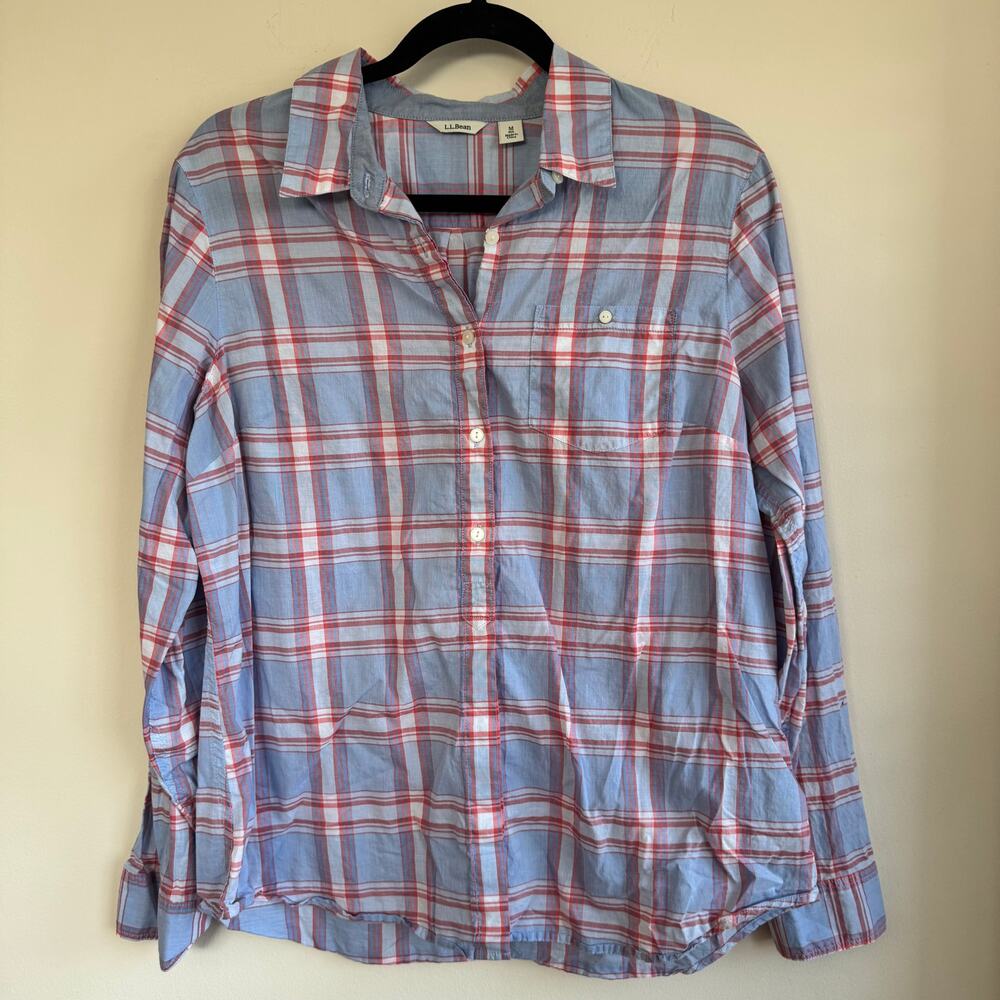 L.L. Bean Plaid Top Blue Red Sz M Long Sleeve Button Front